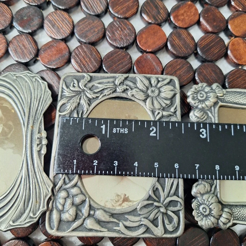Victorian Ornate Miniature Pewter Style Picture Frame Set of 3 Easel Back Vanity